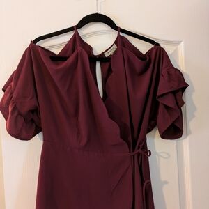Monteau Burgundy Asymmetrical Dress with Ruffled Sleeves